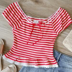 Lelis Collection Red & Cream Parlor Striped Ruffle Top M